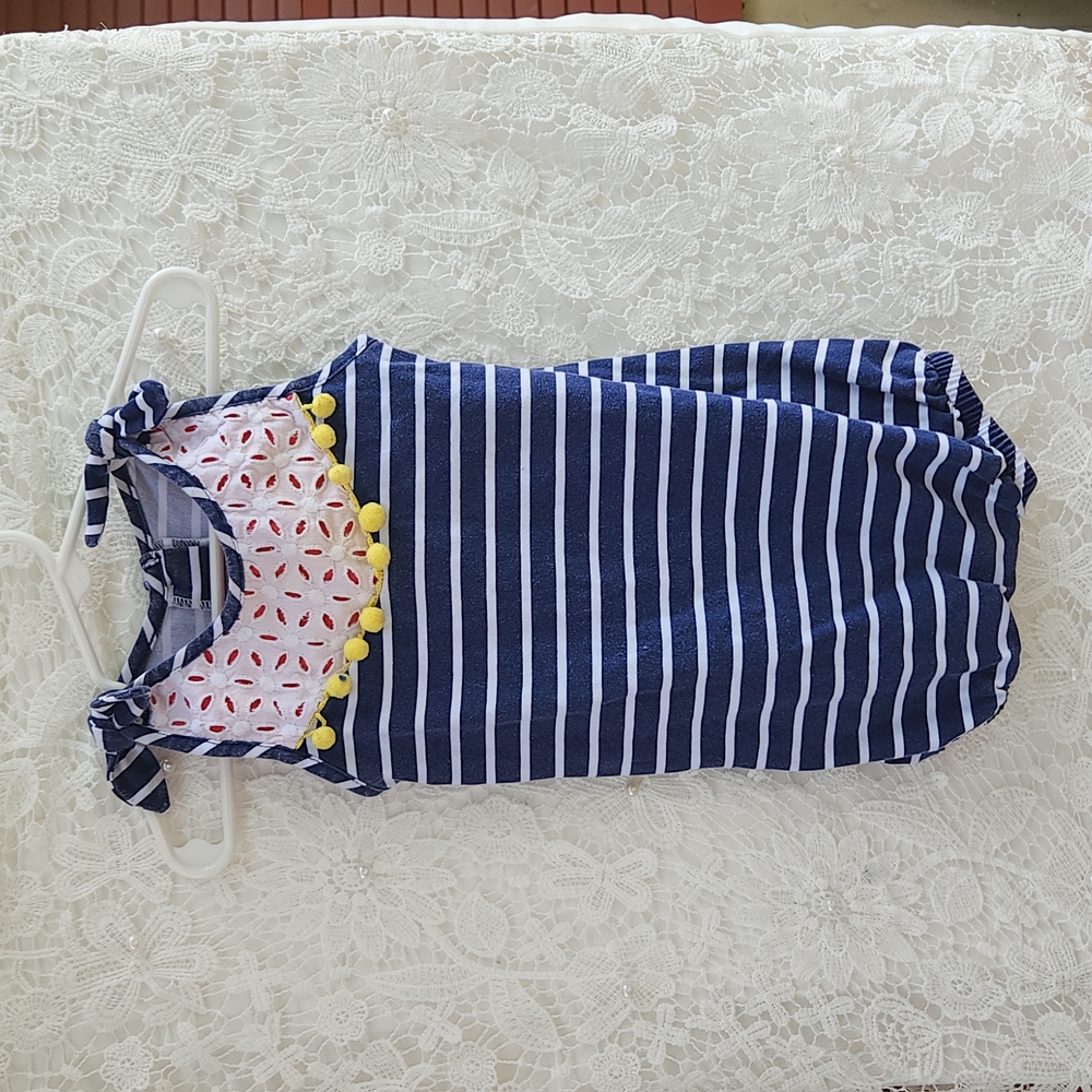 Peaches and Cream blue and white striped romper 24M